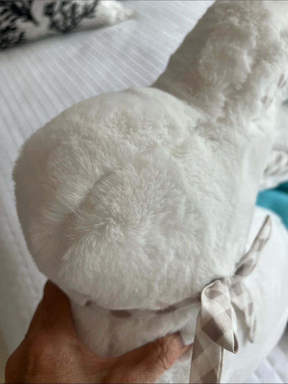 NWT! cupcakes & cashmere White Plush Bunny Pillow with gray white gingham Ribbon